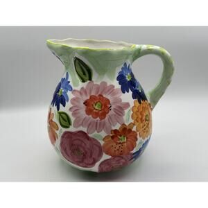 Vintage Spanish Floral Hand Painted Ceramic Pitcher Multicolor Floral 8in Tall